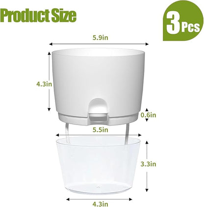 6 Inch Self Watering Plastic Plant Pots for Indoor Plants - 3 Pack White Orchid Planters with Wick Ropes & Drainage Holes, Modern Decorative Garden Pots with Water Reservoir