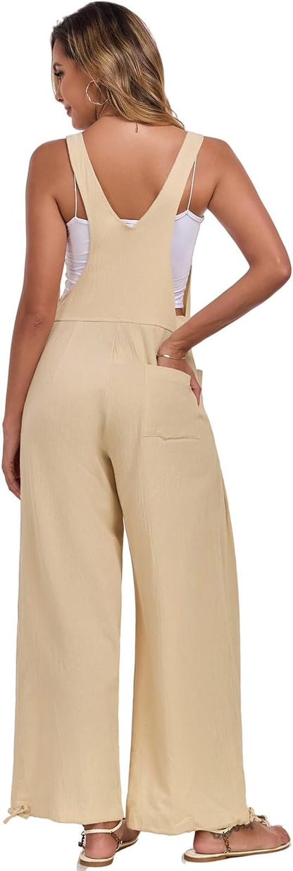 ALSOGO Womens Wide Leg Overalls Loose Beach Vacation Outfits Jumpsuits 2025 Causal Sleeveless Rompers with Pockets