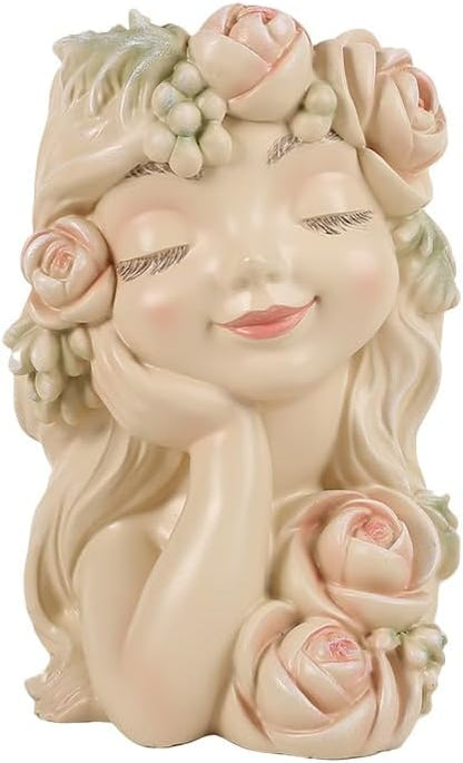 Decorative Garden Fairy Head Planter, Resin Flower Pot Sculpture, Pearl White with Rose Details