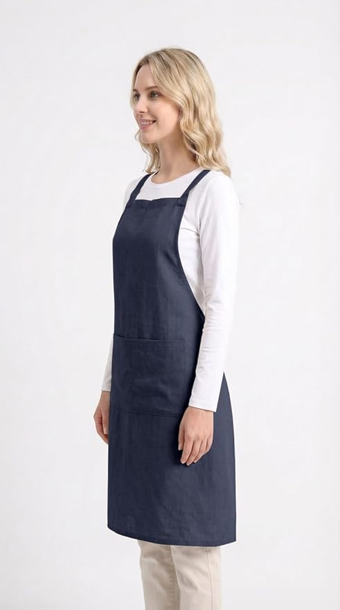 Pure Linen Cross Back Apron Dress, Adjustable Waist & 2 Pockets. Unisex Kitchen & Server Apron, 26.5"x33.5".