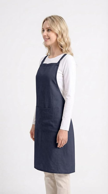 Pure Linen Cross Back Apron Dress, Adjustable Waist & 2 Pockets. Unisex Kitchen & Server Apron, 26.5"x33.5".