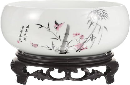 Angoily Lotus Bowl Planter, Water Lily Bowl, Water Lily Pot, Ceramic Planter Pot, Round Ceramic Hydroponic with Plastic Base, Classic Pottery Container for Indoor Plant Storage Decorative Home Office
