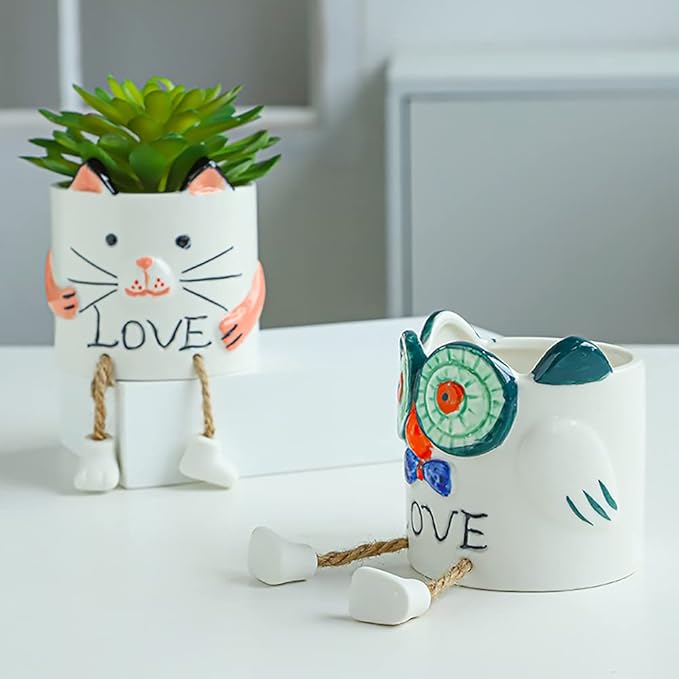 DIYOMR Smooth Glazed Ceramic Planter with Hanging Leg, Cute Cartoon Flower Plant Pots Drainage Hole Small Succulent Pots for Mini Flower Planters Cactus, Plants Not Include (Little Tiger)
