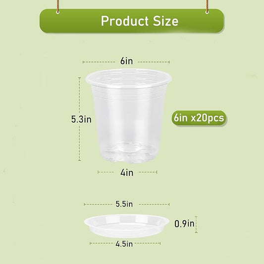 20 Pack 6 Inch Clear Nursery Pots,Plastic Transparent Plant Pot with Drainage Holes and Saucers,Plant Pot Seed Starter Pots for Succulents (6 Inch)