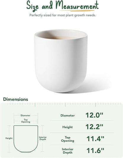 LE TAUCI 12 Inch Pots for Plants, Ceramic Large Planters for Indoor Plants, Indoor Plant Pots for Home Garden Patio Office, Planter Pots with Drainage Hole and Rubber Plug, White