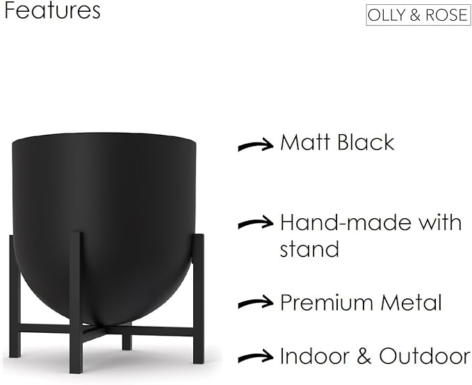 Olly & Rose Plant Pot with Plant Stand - Metal Plant Pots Indoor Planter 22cm Large Flower Pot (Black)