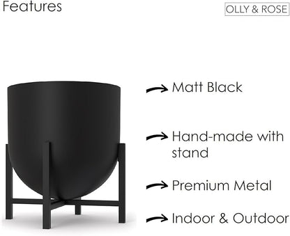 Olly & Rose Plant Pot with Plant Stand - Metal Plant Pots Indoor Planter 22cm Large Flower Pot (Black)