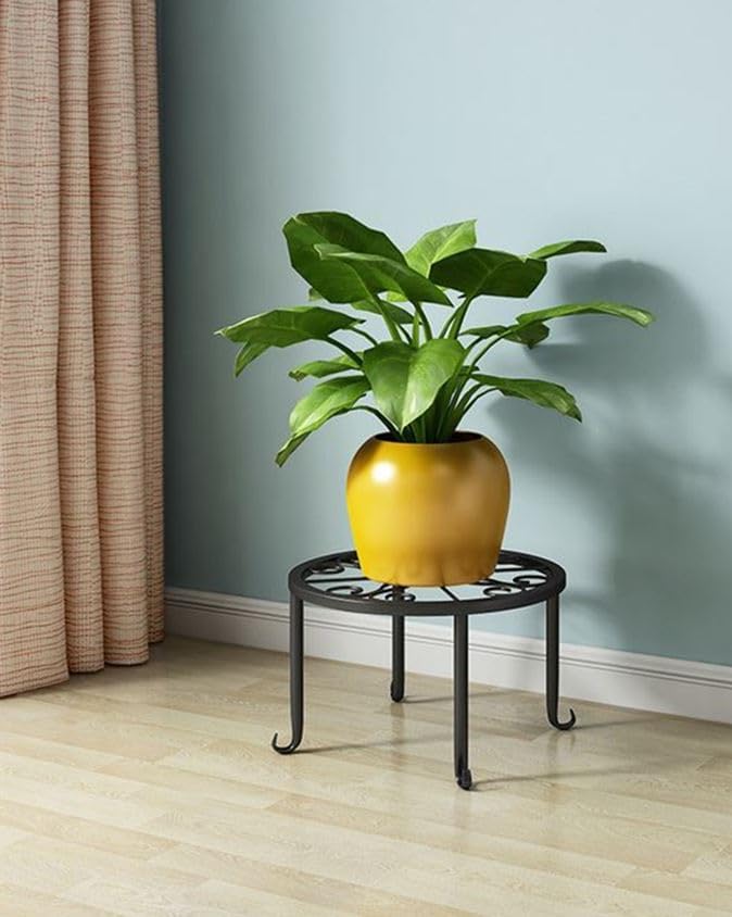 9-1/2 Inch Diameter X 5 Inch High Metal Potted Plant Stand - Rust Proof Wrought Iron Short Flower Pot Bracket Tripod Floor Dish Decorative Pot Holder (Black)
