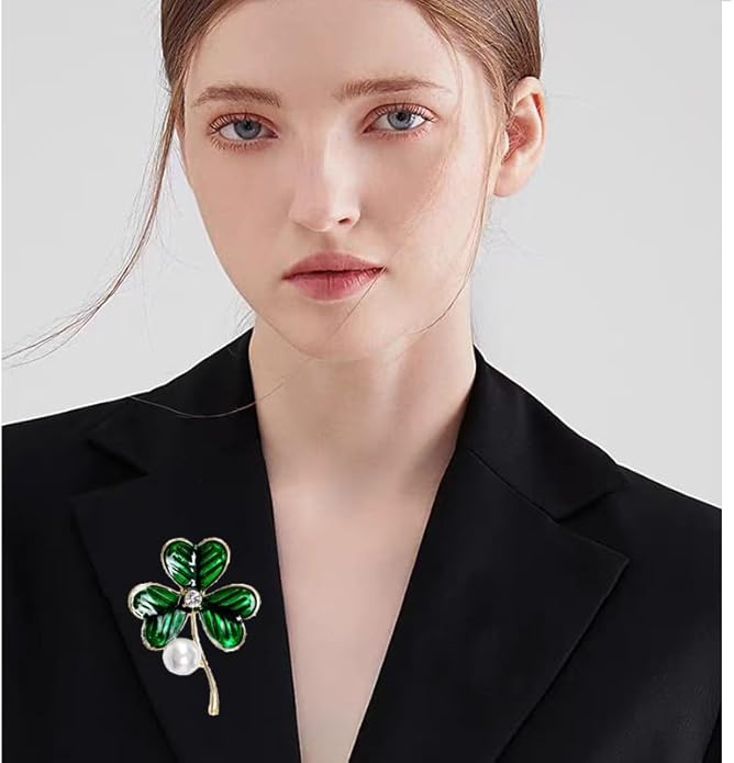 St.Patrick's Day Brooches for Women Dainty Crystal Four Leaf Lapel Pin Shamrock Hat Brooch Pins Irish Enamel Brooches Irish Holiday Costume Accessory Jewelry
