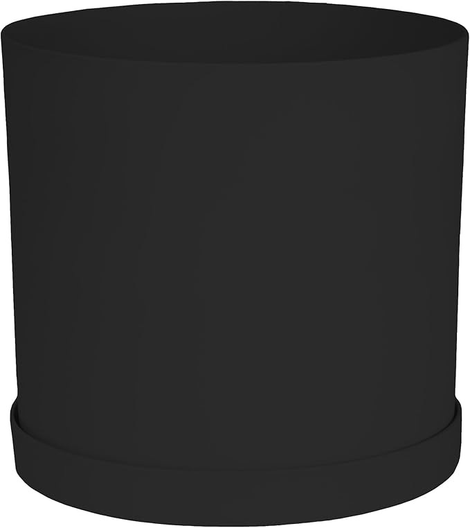 Bloem Mathers Round Planter with Saucer Tray: 10" - Black - Modern Design, Durable Plastic Pot, Removable Saucer, for Indoor & Outdoor Use, Gardening, 2.6 Gallon Capacity