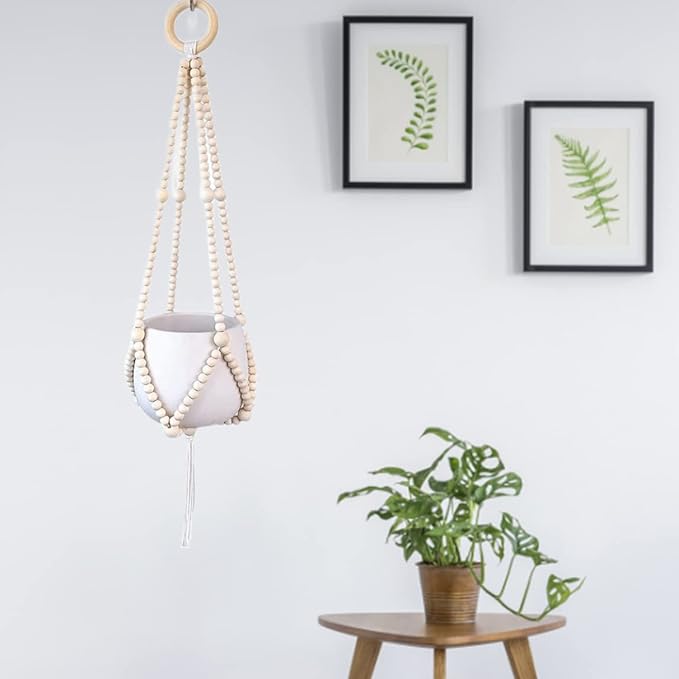 Wood Bead Plant Hanger Hanging Planter Basket Flower Pot Holders for Indoor Outdoor (No Pot) Home Indoor Accessory