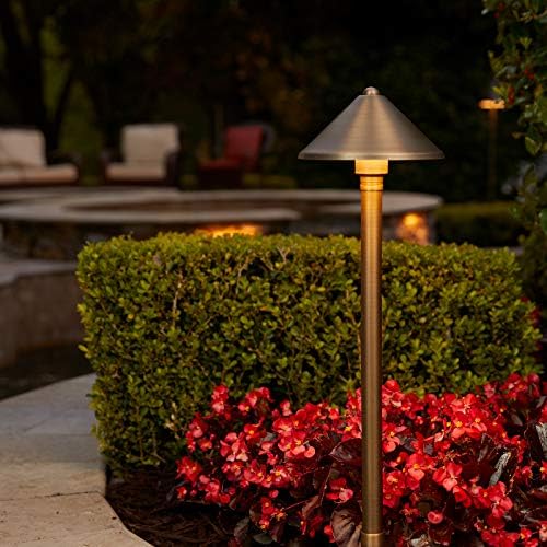 VOLT Conehead 12V Brass Path Light (7" Shade, 25" Tall) for Low Voltage Landscape Lighting on Outdoor Pathway, Walkway, Garden, Driveway or Patio