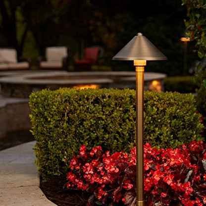 VOLT Conehead 12V Brass Path Light (7" Shade, 25" Tall) for Low Voltage Landscape Lighting on Outdoor Pathway, Walkway, Garden, Driveway or Patio