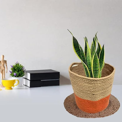 Cotton Rope Plant Basket Hand Woven; Flower Pot Indoor Planters (Large, Orange)