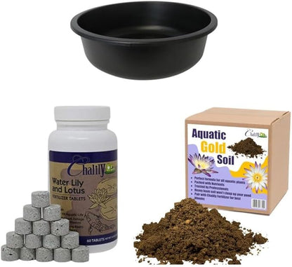 Chalily Aquatic Planting Bundle for Waterlilies, Bog Plants, Lotus Easy Water Lily Plant Kit Hardy Tropical Waterlily Kit Pond Water Garden Aquatic Soil Pond Plants (16qt Soil, 16” Pot, Fertilizer)