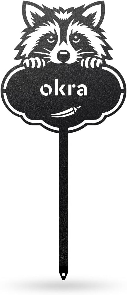 RealSteel Rocky The Raccoon Plant Markers – Cute Metal Garden Labels for Herbs & Vegetables | Outdoor Steel Plant Stakes for Garden, Greenhouse & Raised Beds | Gardening Gift | USA (OKRA-B-6X13)