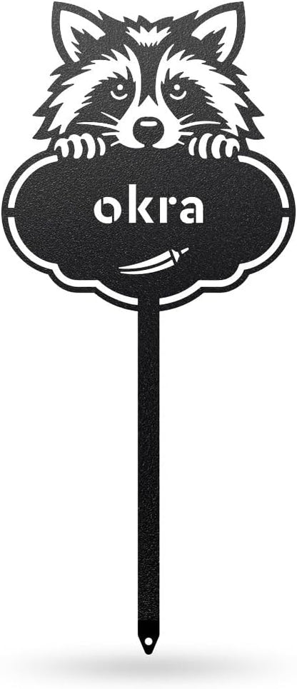 RealSteel Rocky The Raccoon Plant Markers – Cute Metal Garden Labels for Herbs & Vegetables | Outdoor Steel Plant Stakes for Garden, Greenhouse & Raised Beds | Gardening Gift | USA (OKRA-B-6X13)