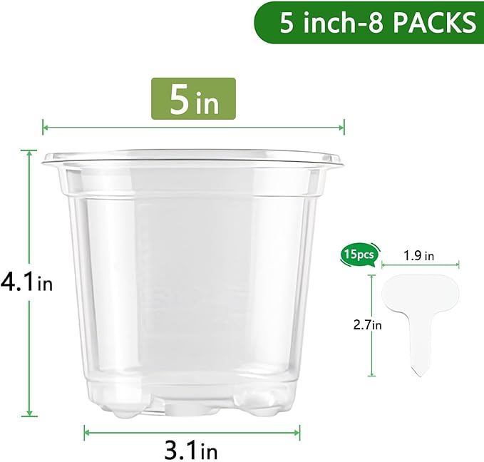 SupKing 5 Inch Clear Plant Nursery Pots Durable Plastic Seed Starter 8 Packs Large Orchid Flower Pot with Drainage Holes for Transplanting Succulents Cuttings Seedlings Bonus 15 Labels