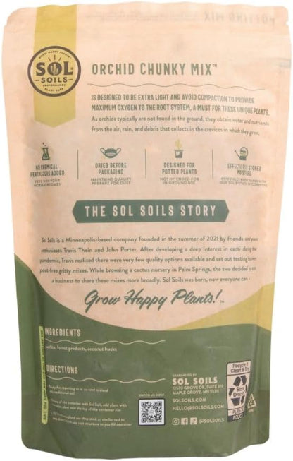 Sol Soils Chunky Orchid Potting Mix - 100% Peat-Free, Lightweight, and Aerated with Coconut Husk, Perlite & Recycled Forest Products for Fast Draining, Healthy Orchids - 2 Quarts
