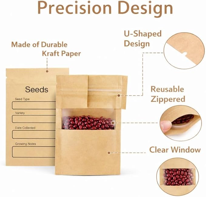 100 Pack Resealable Seed Packets with Clear Window, 4.72 x 3.15 Inch Kraft Paper Seed Packets Envelopes, Self-adhesive Sealing & Preprinted Templates for Seed Storage, Seed Organizer