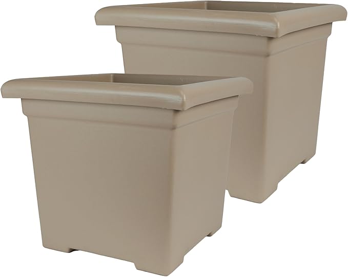 The HC Companies 15.5 Inch Accent Square Plant Pots with Drainage, Lightweight UV-Resistant Plastic Planters for Indoor & Outdoor Plants, 2-Pack Flower Pots for Garden, Office & Home Decor, Sandstone