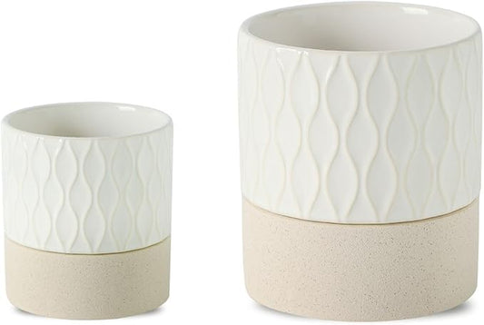 Nihow Self Watering Plant Pot for Indoor Plants: 4.5+6 Inch Ceramic Planter with Drainage Hole & Water Storage Plus - Cylinder Flower Pot with Wick for Herbs - Cream White & Brown Net