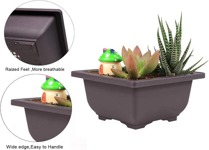 8PCS/Pack Retro Style Square Small Bonsai Training Pots with Tray, Mini Plastic Mocha Garden Flower Pot 4.7"