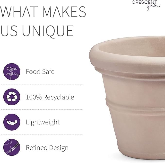 Crescent Garden Brunello Small Classic Planter, Indoor/Outdoor Weather-Safe Round Plant Pot, Small Resin Houseplant Pot - 12'' W (Concrete-Color)
