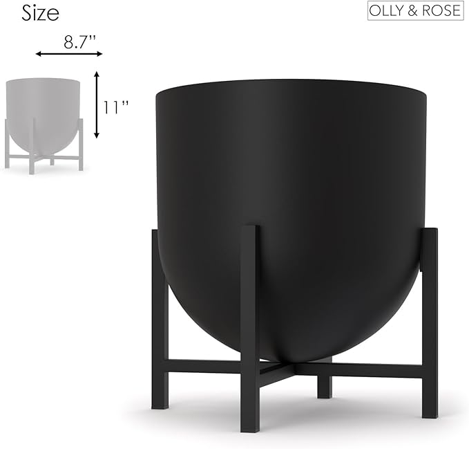 Olly & Rose Plant Pot with Plant Stand - Metal Plant Pots Indoor Planter 22cm Large Flower Pot (Black)