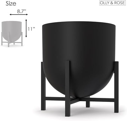 Olly & Rose Plant Pot with Plant Stand - Metal Plant Pots Indoor Planter 22cm Large Flower Pot (Black)