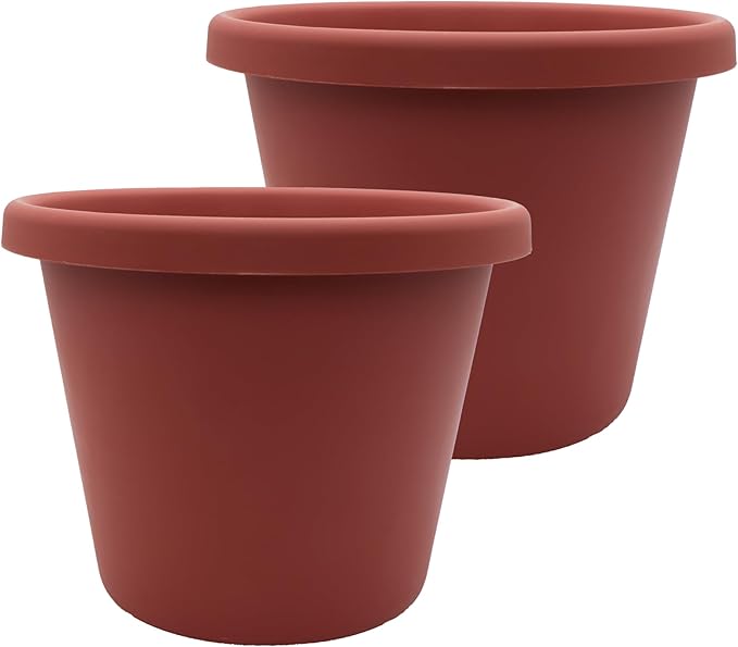 The HC Companies 20 Inch Classic Round Planter Pots with Drainage, Rolled Rim Plastic Planters for Indoor & Outdoor Plants, 2-Pack Decorative Flower Pots for Garden, Office & Home Decor, Clay