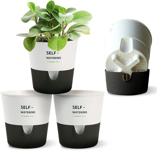 5/6.5/7.5 Inch Self Watering Pots for Indoor/Outdoor ,4 Pack plastic Planters for Indoor Plants with Drainage Holes and Saucers, Modern Decorative Flower Pot for Plants (White, 6.5-Inch, 4-Pack)