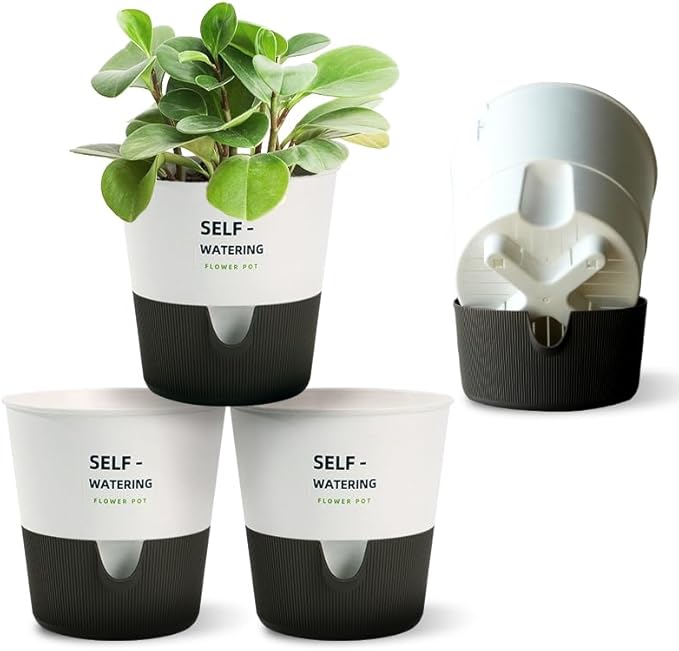 5/6.5/7.5 Inch Self Watering Pots for Indoor/Outdoor ,4 Pack plastic Planters for Indoor Plants with Drainage Holes and Saucers, Modern Decorative Flower Pot for Plants (White, 5-Inch, 4-Pack)