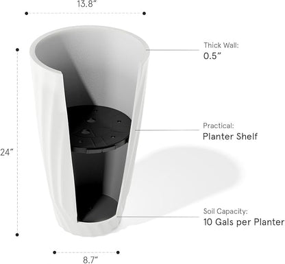 La Jolie Maison 24 Inch Tall Planter, Matte White Tree Planter with Shelf Insert, Morden Large Round Plant Pot Container for Indoor/Outdoor, Front Door, Patio and Deck, 1 Pack