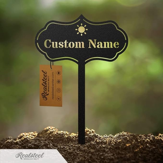 RealSteel Custom Seed & Plant Markers – Metal Garden Stakes for Herbs, Fruits & Vegetables | Elegant Steel Plant Labels for Pots, Raised Beds & Outdoor Gardens | Farmhouse & Greenhouse | Sun Icon