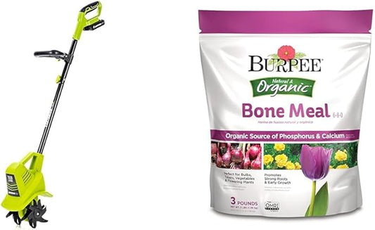 Earthwise Power Tools by ALM TC70020IT 20-Volt 7.5-Inch Cordless Electric Garden Tiller Cultivator & Burpee Bone Meal Fertilizer | Add to Potting Soil | Strong Root Development