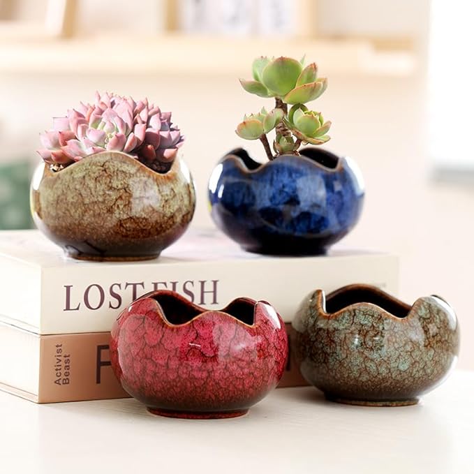 YYW Succulent Pots Small Flower Pots with Drainage Hole Ceramic Planters for Indoor Plants Stylish Plant Pots in Egg Broken Shell Design for Home Office Decor Shallow Plant Pots for Plant Lovers Gifts