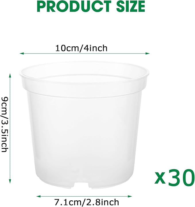 4 Inch Clear Nursery Pots for Plants, Transparent Plastic Plant Pots with Drain Holes, Seed Starter Clear Pots with 20 Plant Labels for Flowers Vegetable Seedlings 30 Pcs