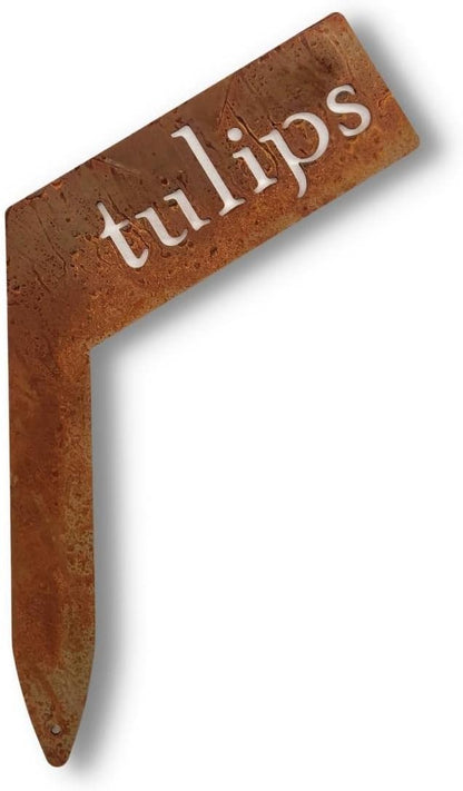 Planter Size Small Metal Garden Plant Vegetable Flower or Herb Markers 13.5 Inches Tall (tulips, Naturally Rusted)