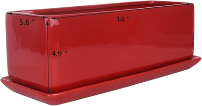 Vencer 14 Inch Rectangular Modern Minimalist Ceramic Succulent Planter Pot - Window Box with Saucer,Office Desktop Potted Stand,Red,VF-0173R
