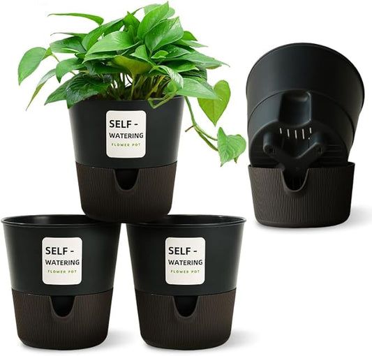 5/6.5/7.5 Inch Self Watering Pots for Indoor/Outdoor ,2 Pack plastic Planters for Indoor Plants with Drainage Holes and Saucers, Modern Decorative Flower Pot for Plants (Grey, 5-Inch, 4-Pack)