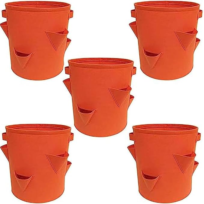 Ulalaza 5PCS Potato Grow Bags with Flap Plant Grow Bags Fabric Multi Ribbon Potato Bag Tomato Vegetable Growth Non-Woven Felt Planting Bag Transparent