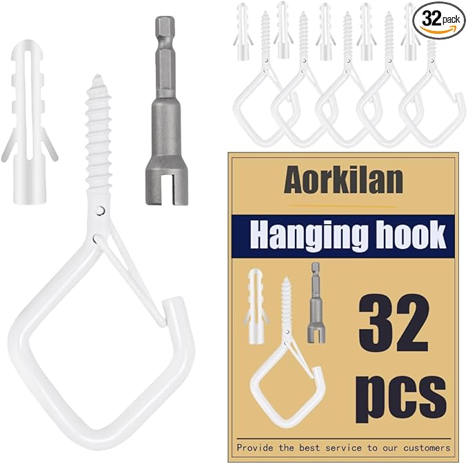 32-Pack Heavy-Duty White Screw Eye Hooks with Safety Clips | Metal Ceiling Hooks for Hanging Plants, Wind Chimes, Bird Feeders & Indoor/Outdoor Lights