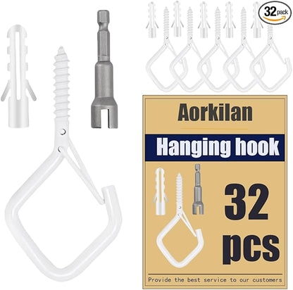 32-Pack Heavy-Duty White Screw Eye Hooks with Safety Clips | Metal Ceiling Hooks for Hanging Plants, Wind Chimes, Bird Feeders & Indoor/Outdoor Lights