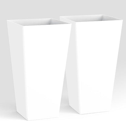 Worth Garden 20" Tall Planters Set of 2 – Large White Tapered Plastic Flower Pots for Indoor & Outdoor Use – Modern Plant Containers with Drainage Holes – Ideal for Front Porch, Patio, Balcony
