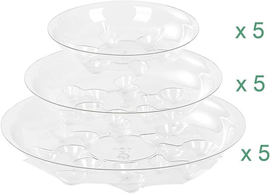 15 Pack Assorted Sizes 6 8 10 Inch Clear Thick Plastic Heavy Duty Sturdy Plant Saucer Drip Trays for pots, 5 Pieces of Each Size (Assorted Sizes 6'', 8'', 10'')