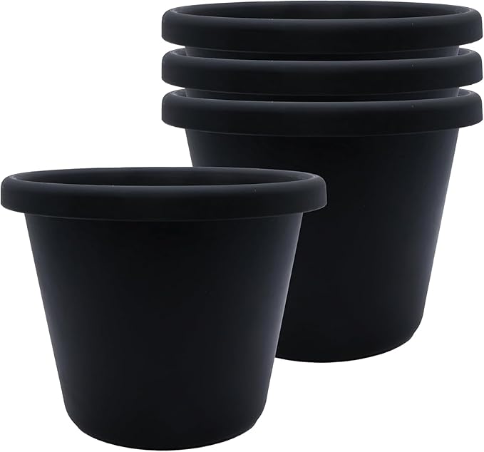 The HC Companies 7 Inch Classic Round Planter Pots with Drainage, Rolled Rim Plastic Planters for Indoor & Outdoor Plants, 4-Pack Decorative Flower Pots for Garden, Office & Home Decor, Black