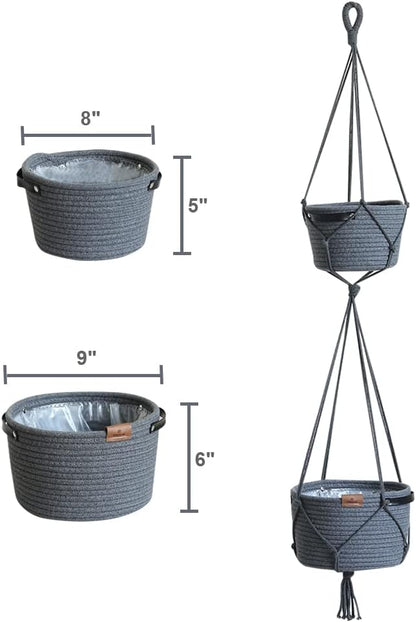 Tiered Macrame Hanging Planter One-Piece Cotton Woven Rope Flower Pots,Indoor Outdoor Home Decor Waterproof Lining Hydroponic Plant Baskets Pots-Dark Grey