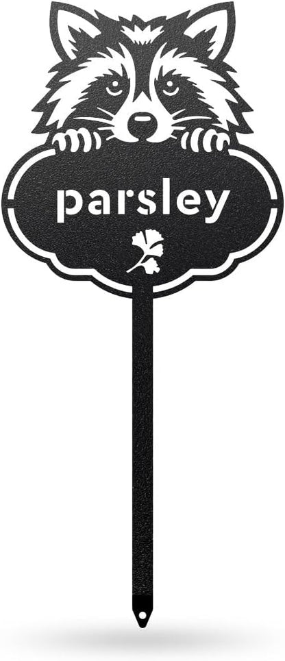 RealSteel Rocky The Raccoon Plant Markers – Cute Metal Garden Labels for Herbs & Vegetables | Outdoor Steel Plant Stakes for Garden, Greenhouse & Raised Beds | Gardening Gift | USA (PARSLEY-B-6X13)
