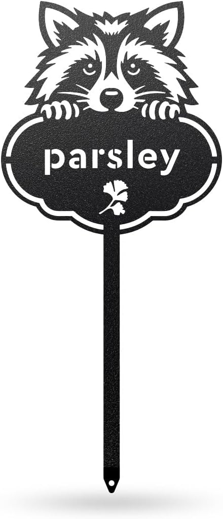 RealSteel Rocky The Raccoon Plant Markers – Cute Metal Garden Labels for Herbs & Vegetables | Outdoor Steel Plant Stakes for Garden, Greenhouse & Raised Beds | Gardening Gift | USA (PARSLEY-B-6X13)